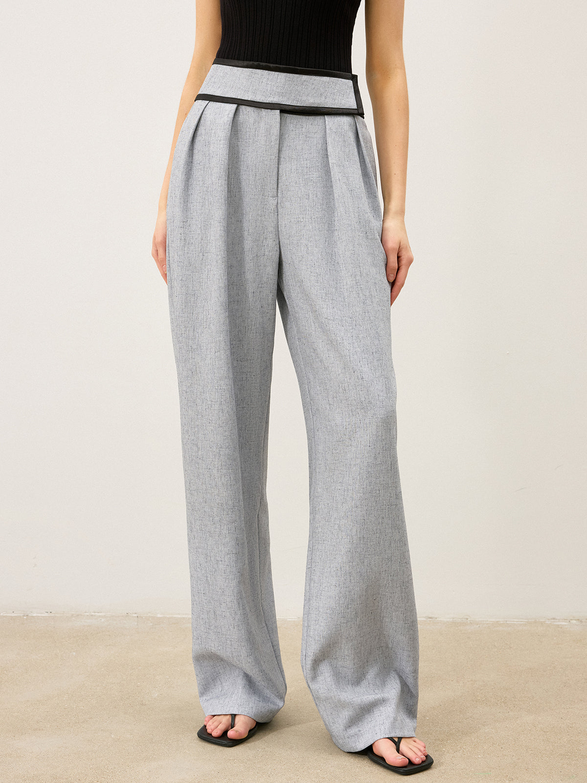 Contrast Waistband Wide - Leg Pants