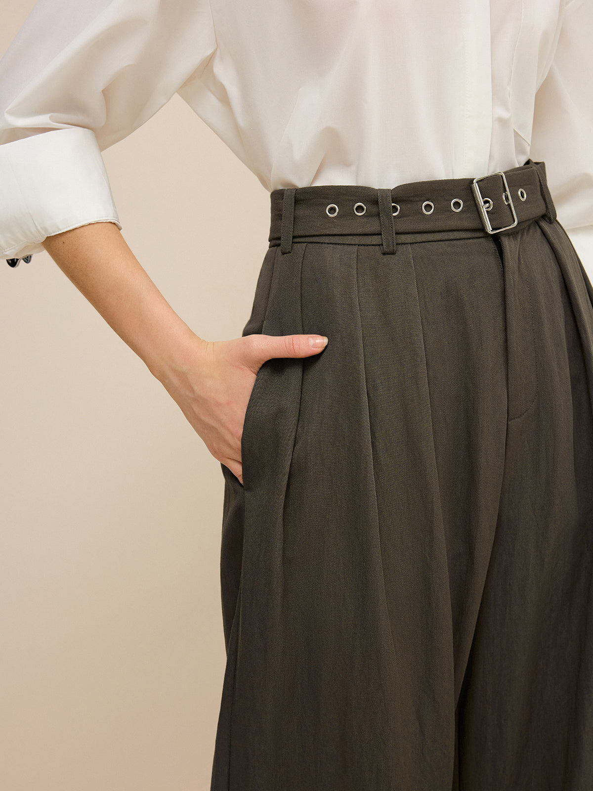 Army Green Belted Pleated Wide-Leg Pants