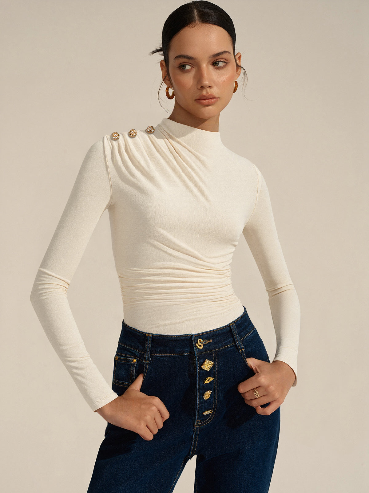 Ruched Shoulder-Decor Long Sleeve Bodysuit