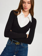 High-Stretch Contrast Shirt Collar Knit Bodysuit