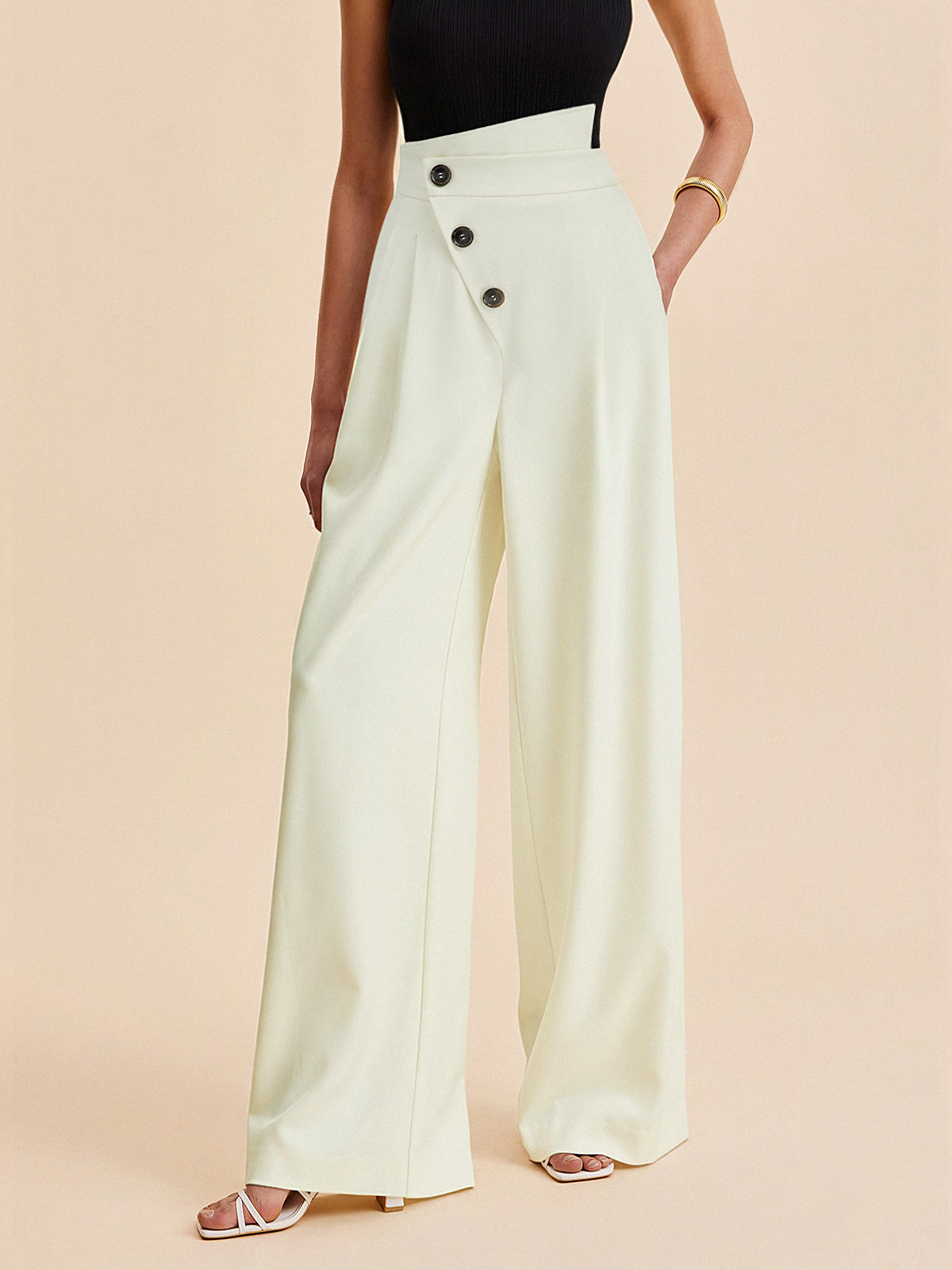 Asymmetric Button Mid-Waist Wide-Leg Pants
