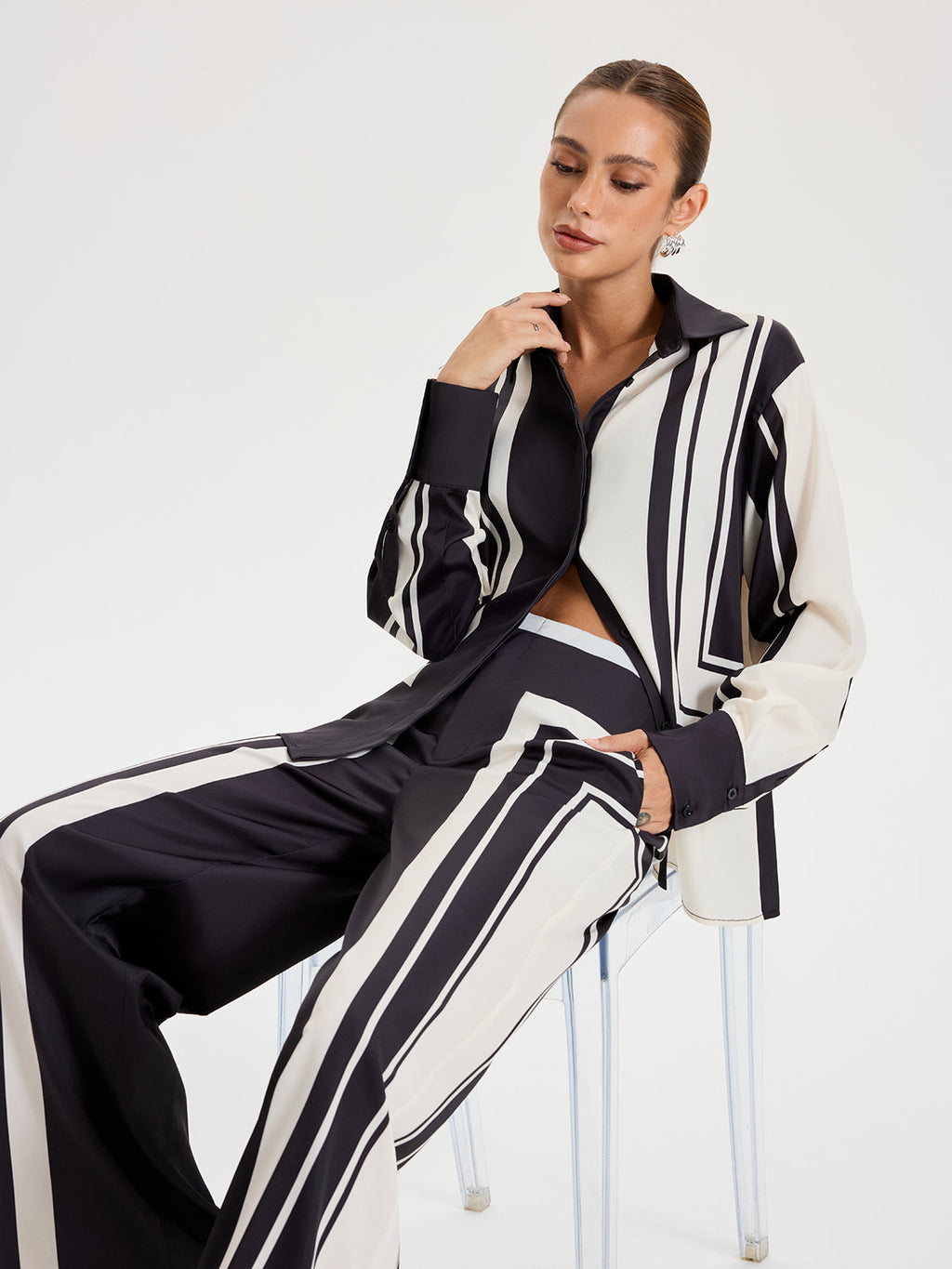 Contrast Striped Mid-Waist Wide-Leg Pants