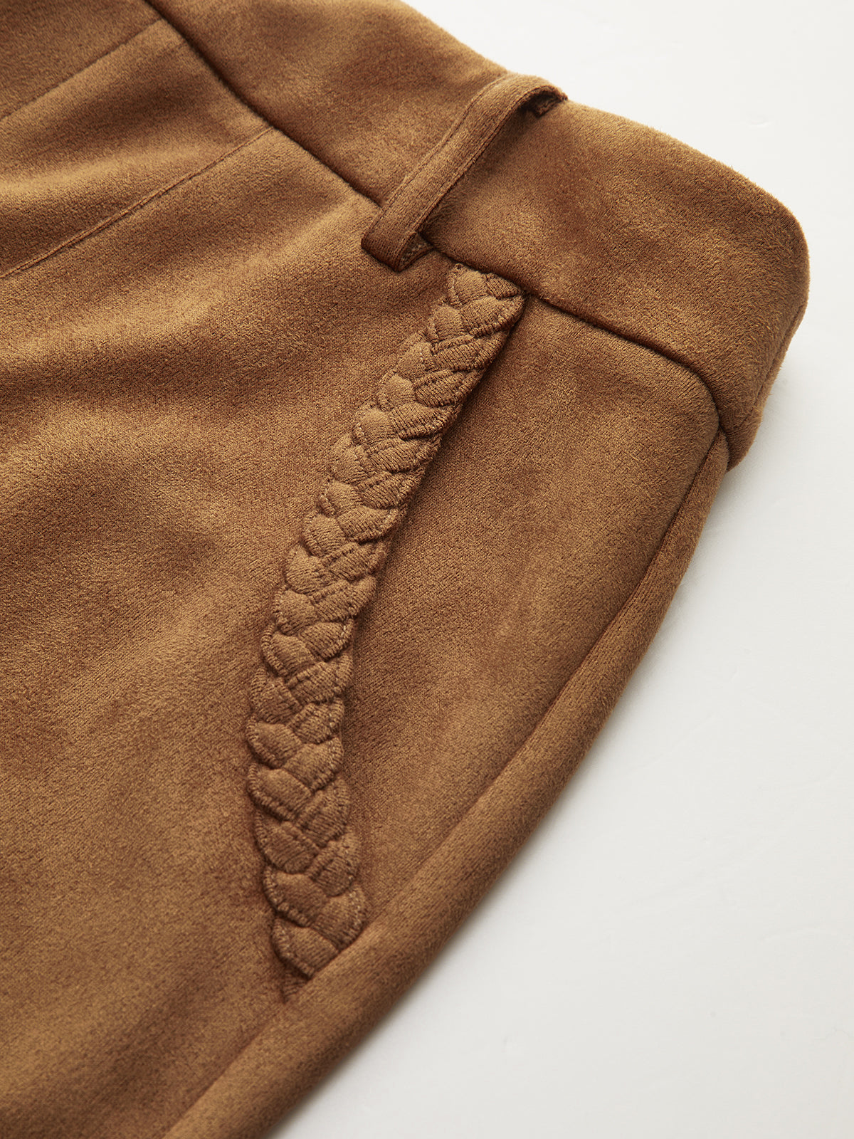 Braided Detail Mid-Waist Suede Effect Pants