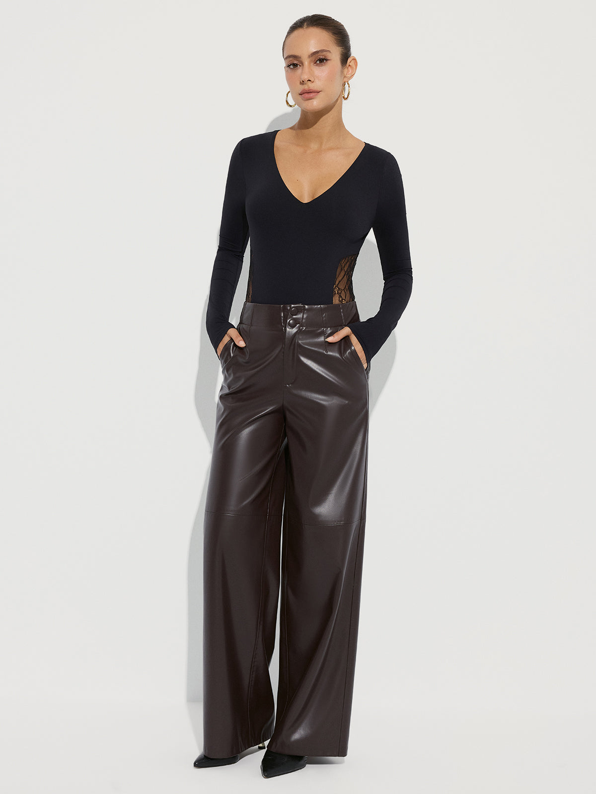 Bra-Free Deep V-Neck Lace Panel Bodysuit