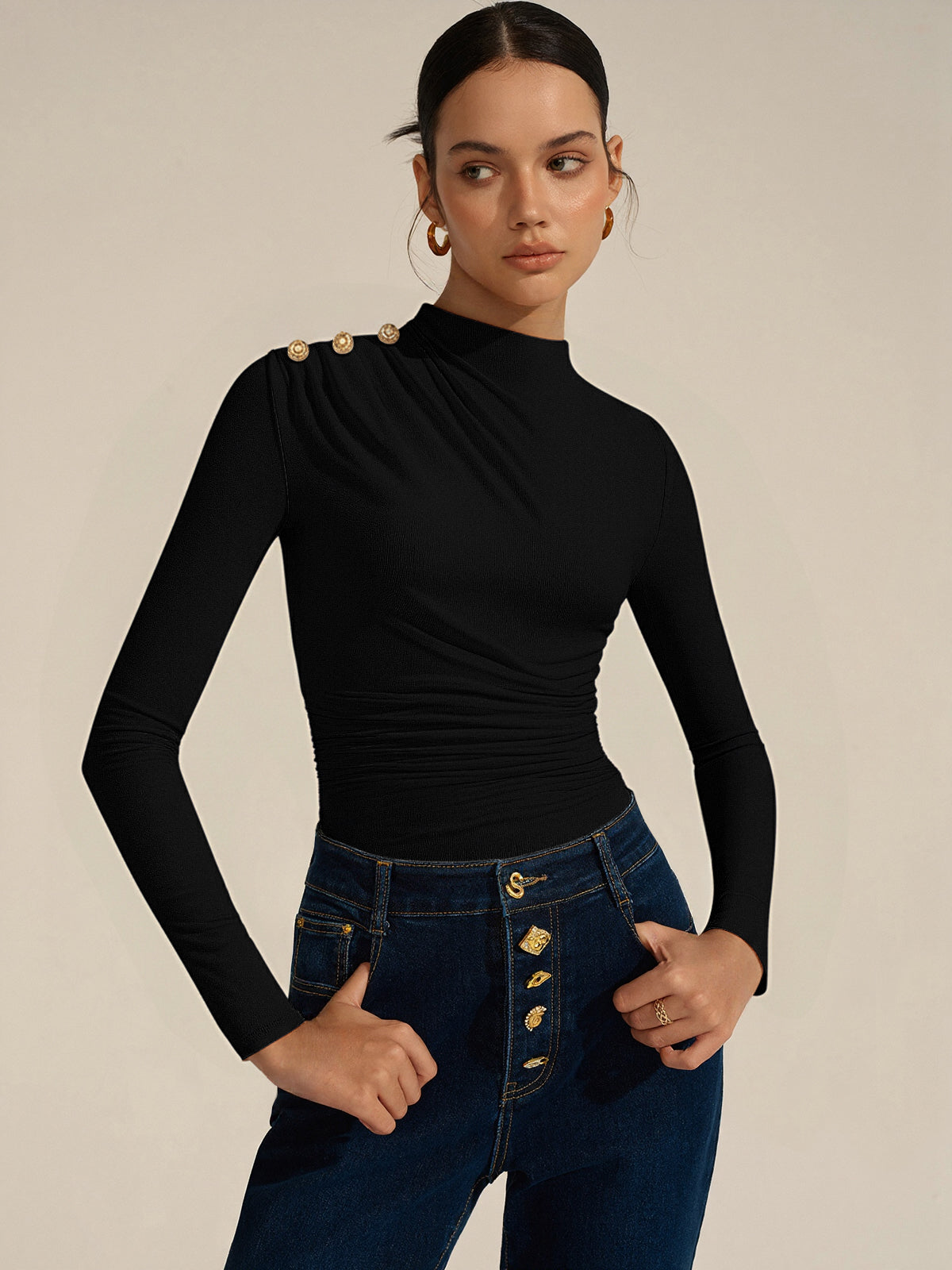 Ruched Shoulder-Decor Long Sleeve Bodysuit