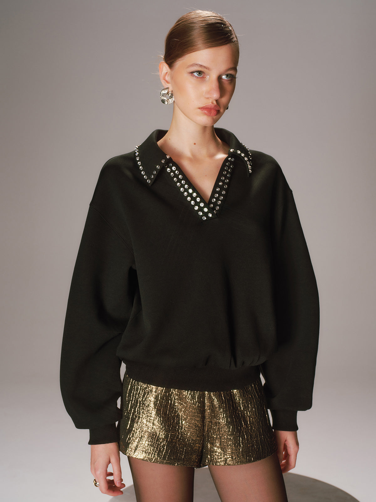 Rhinestone Collar Long-Sleeve Sweatshirt