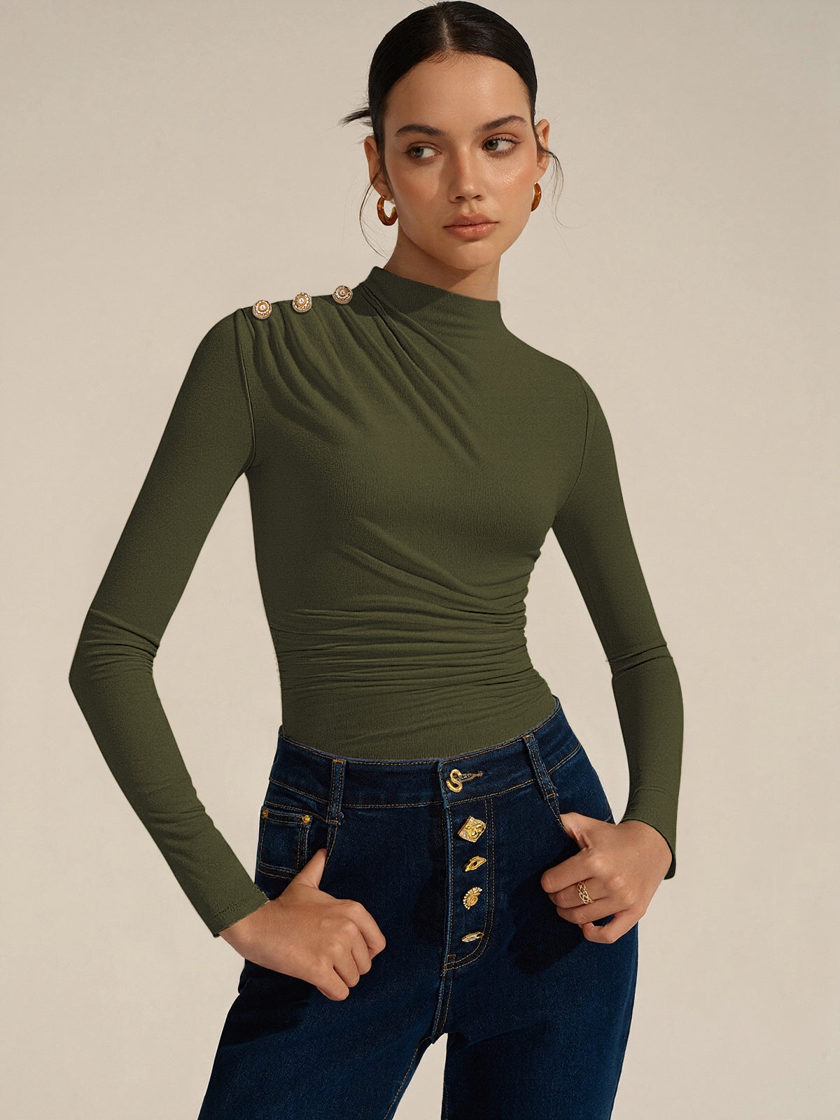 Ruched Shoulder-Decor Long Sleeve Bodysuit