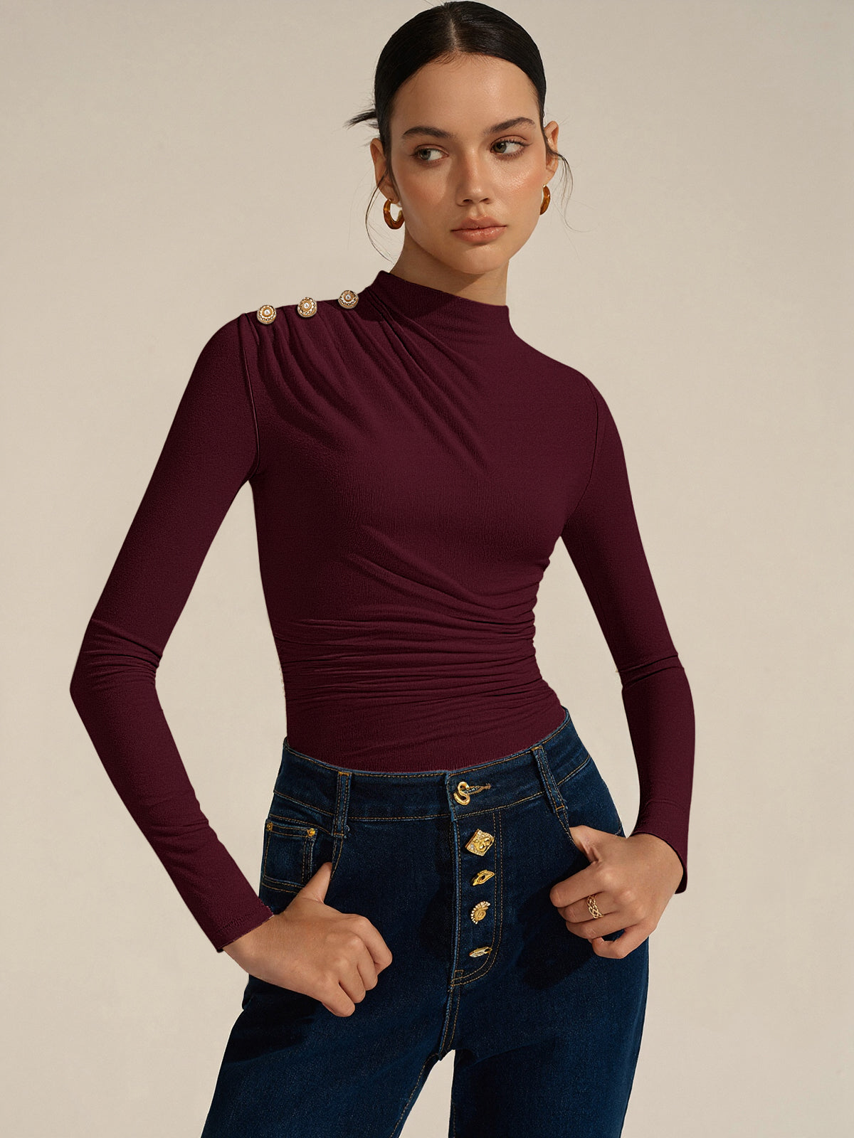Ruched Shoulder-Decor Long Sleeve Bodysuit