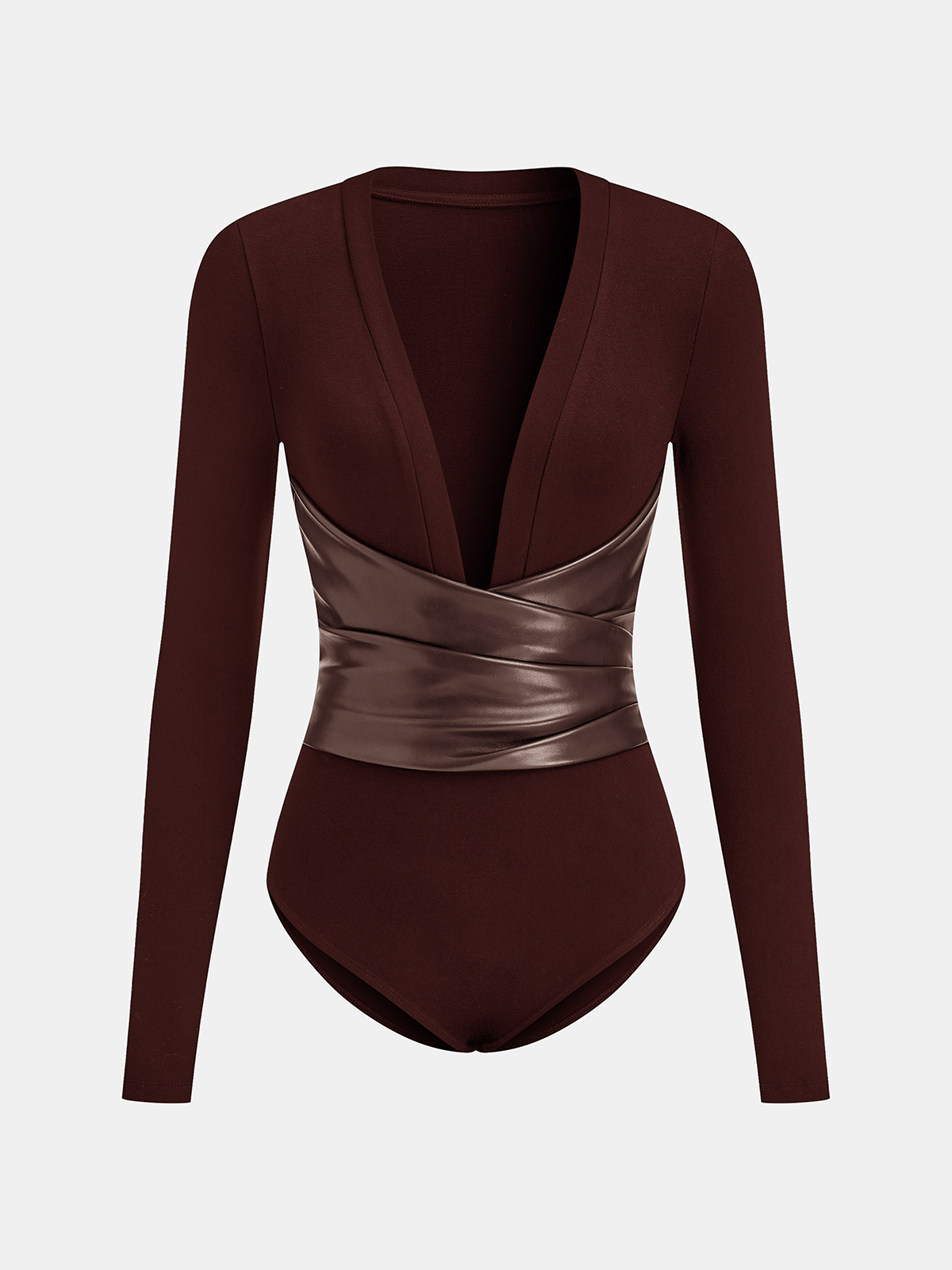 Faux Leather Wrap Waist V-Neck Bodysuit
