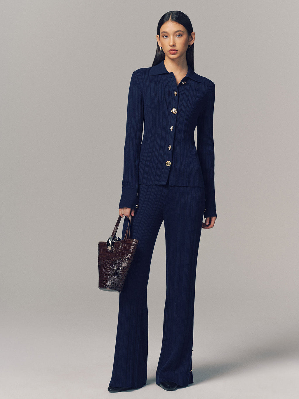 Textured Wool-Blend Metal-Detail Slit Knit Pants