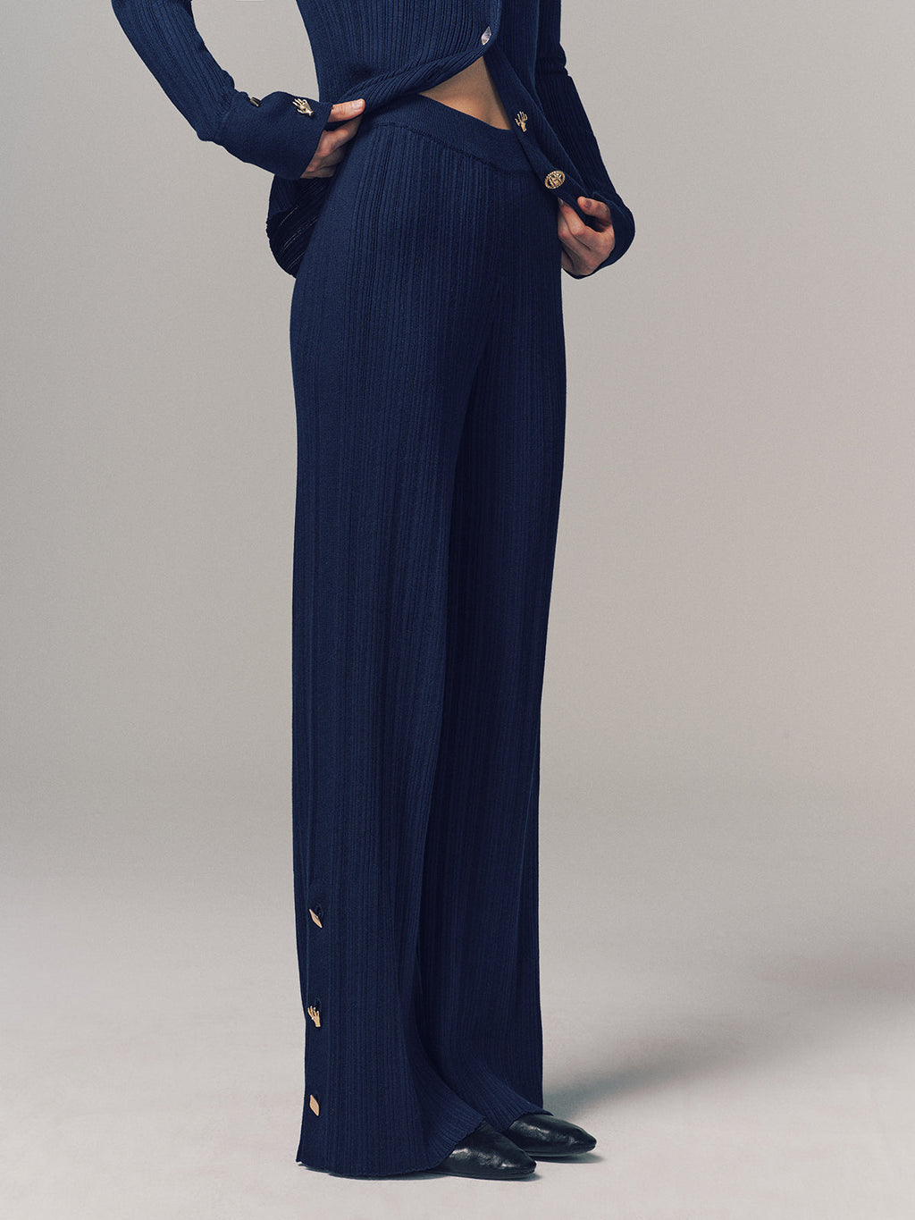 Textured Wool-Blend Metal-Detail Slit Knit Pants