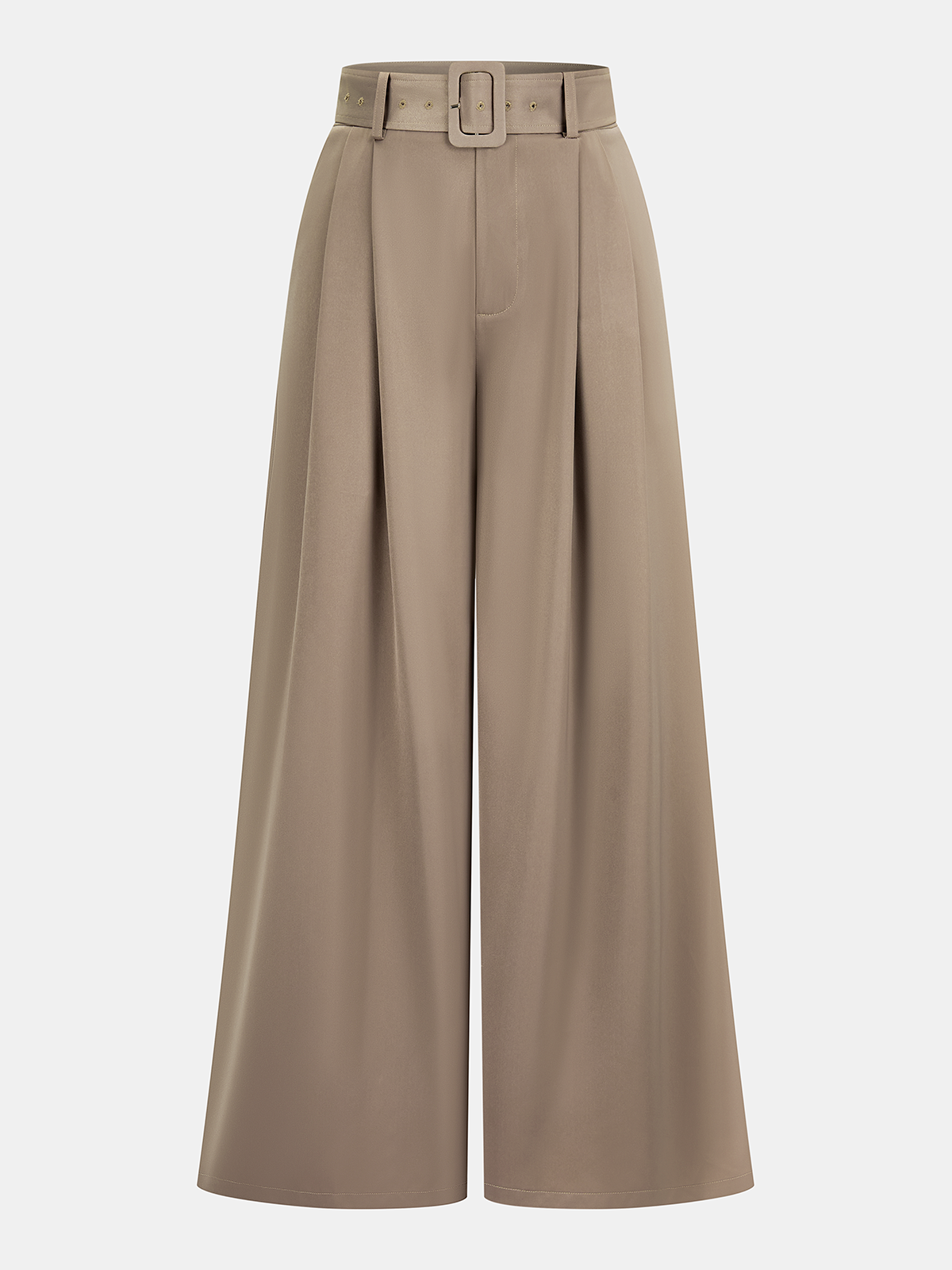Belted Satin Pleated Wide-Leg Pants