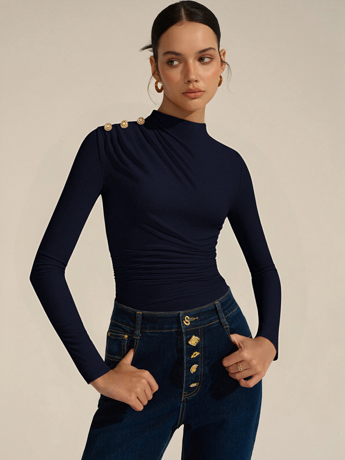 Ruched Shoulder-Decor Long Sleeve Bodysuit