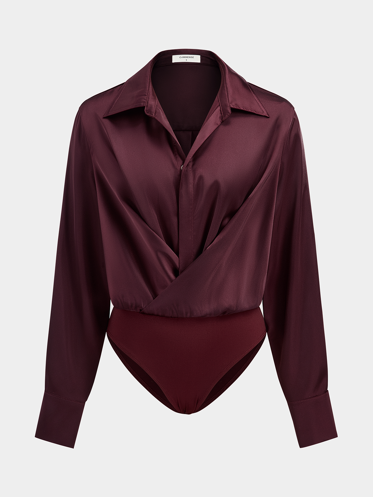 Collared Draped Satin Long Sleeve Bodysuit