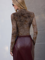 Floral Jacquard Ruched Mock-Neck Bodysuit