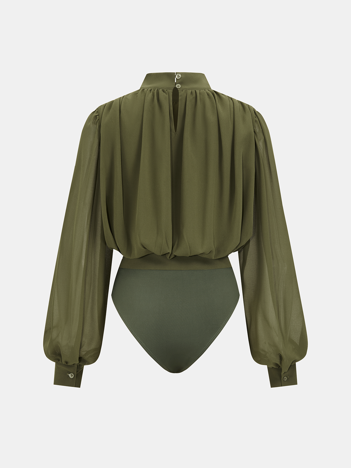 Semi-Sheer Puff-Sleeve Ruched Bodysuit