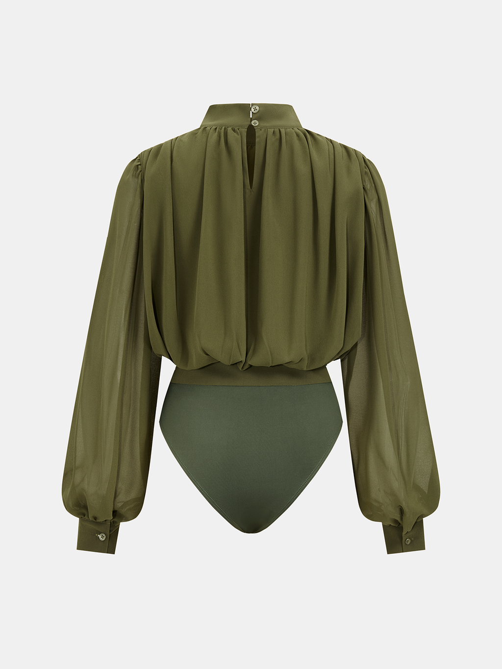 Semi-Sheer Puff-Sleeve Ruched Bodysuit