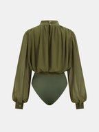 Semi-Sheer Puff-Sleeve Ruched Bodysuit