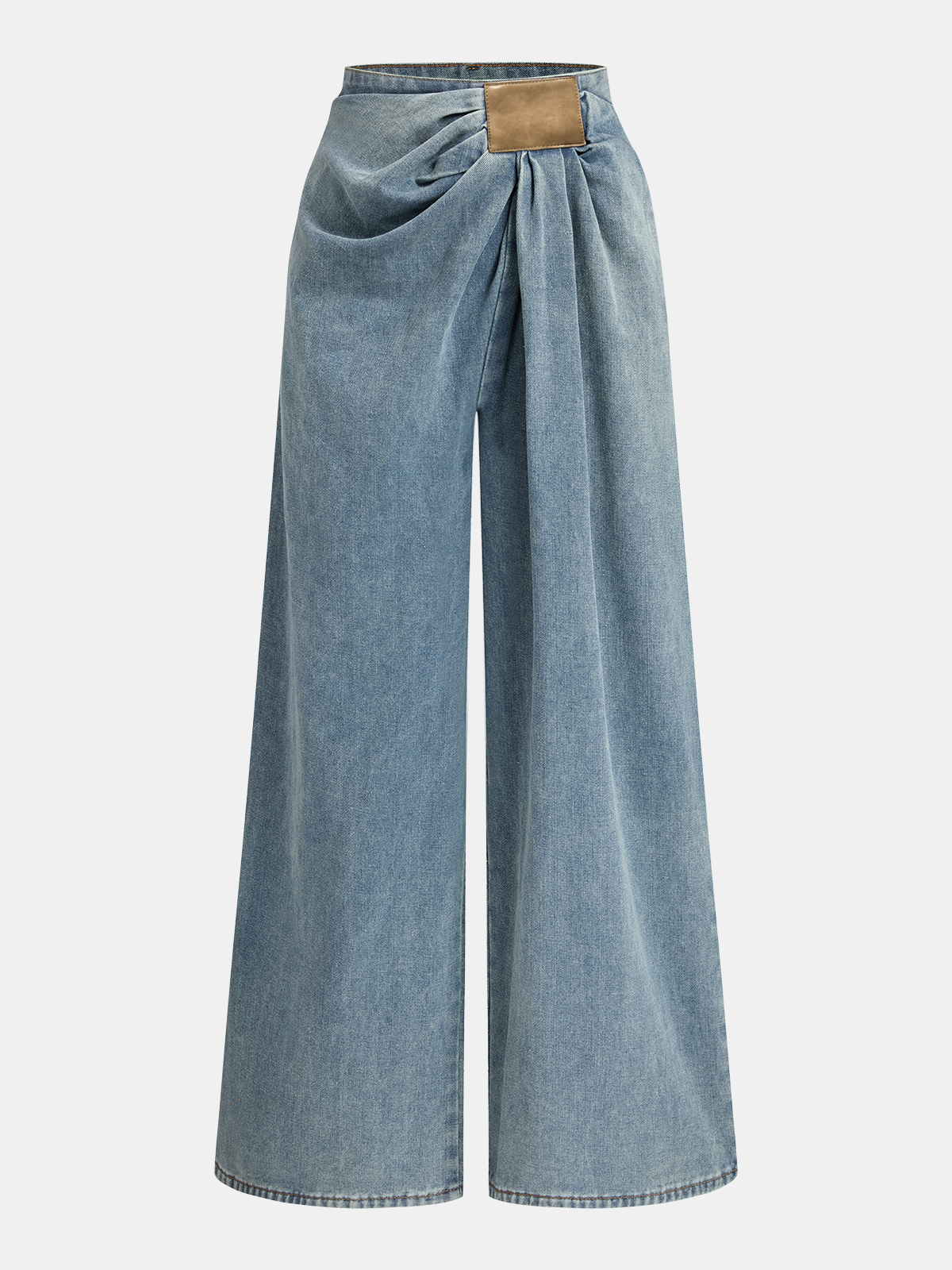 Asymmetrical Ruched Denim Wide-Leg Pants