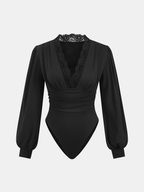 Lace Trim V-Neck Ruched Bodysuit