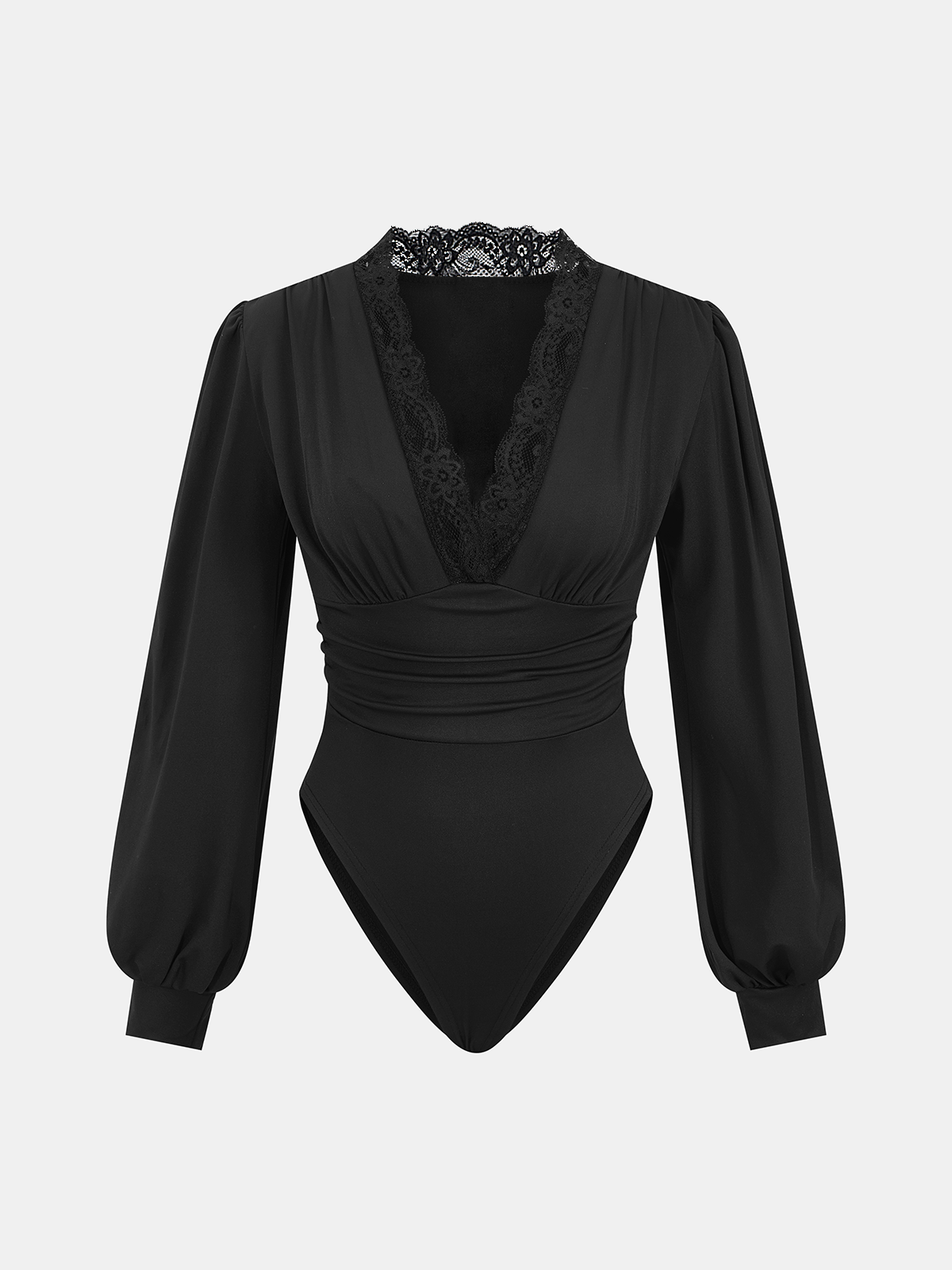 Lace Trim V-Neck Ruched Bodysuit
