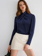 Twisted Mock Neck Long-Sleeve Satin Bodysuit