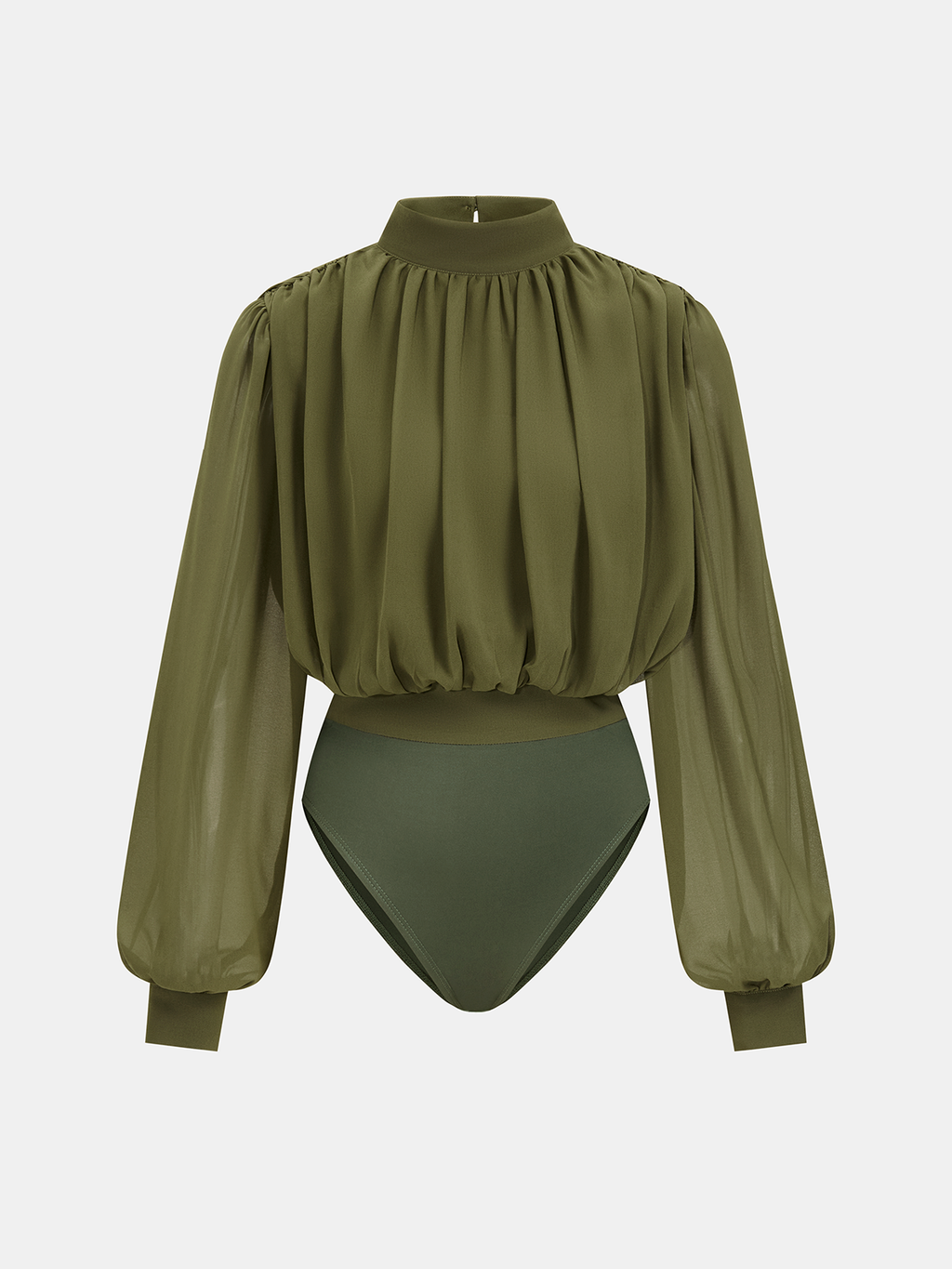 Semi-Sheer Puff-Sleeve Ruched Bodysuit