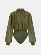 Semi-Sheer Puff-Sleeve Ruched Bodysuit