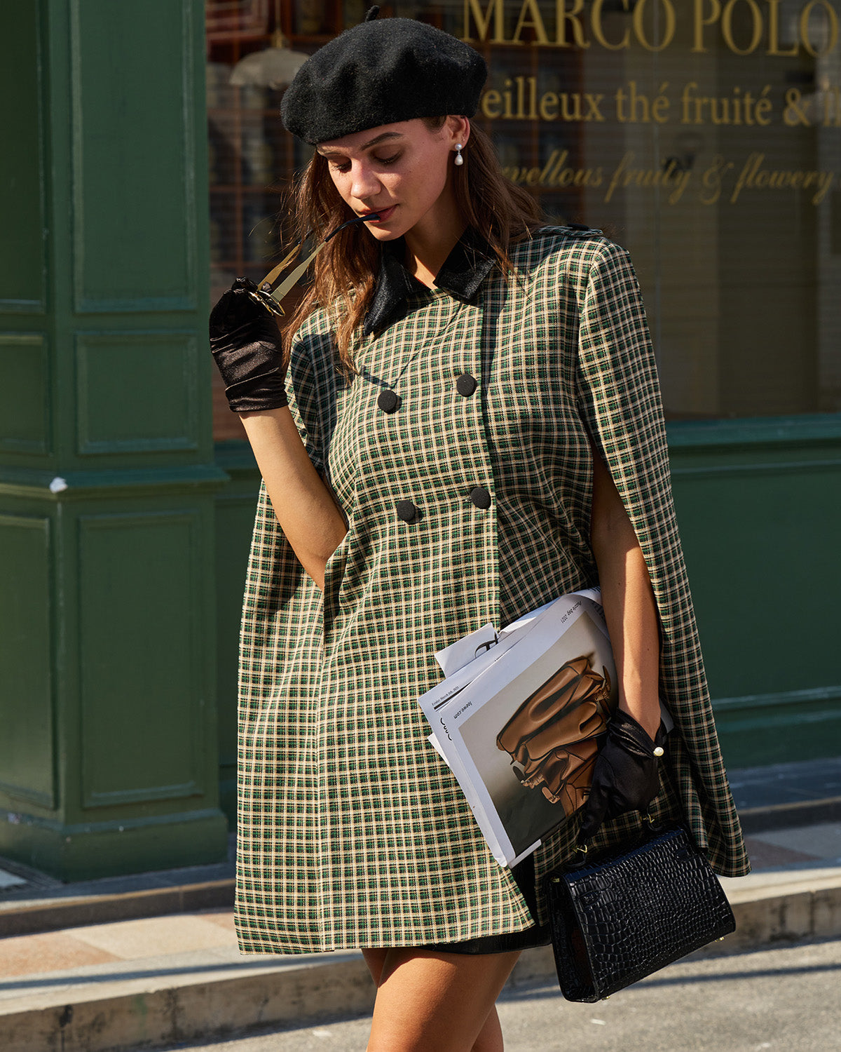 Green Plaid Cape Sleeve Coat