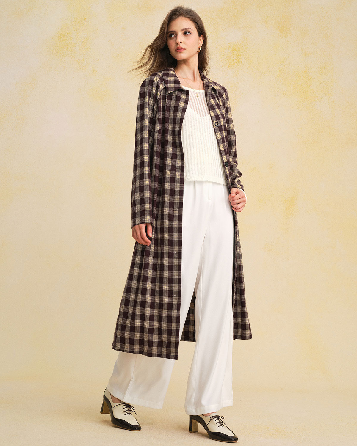 Brown Plaid Pocket Long Coat