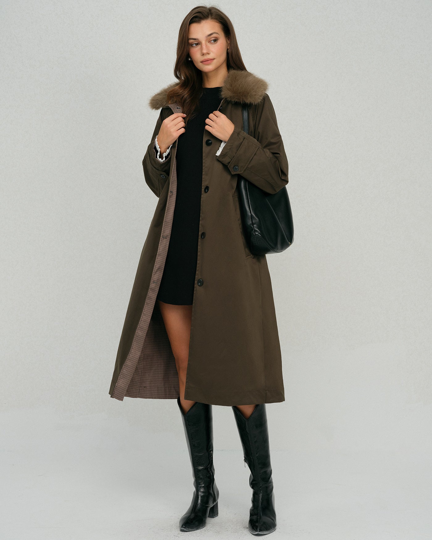 Brown Fur Collar Reverible Long Coat