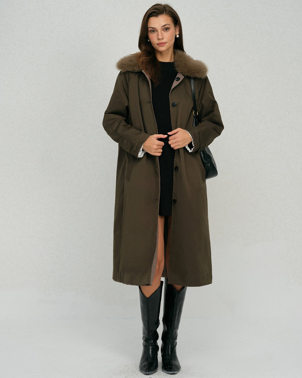 Brown Fur Collar Reverible Long Coat