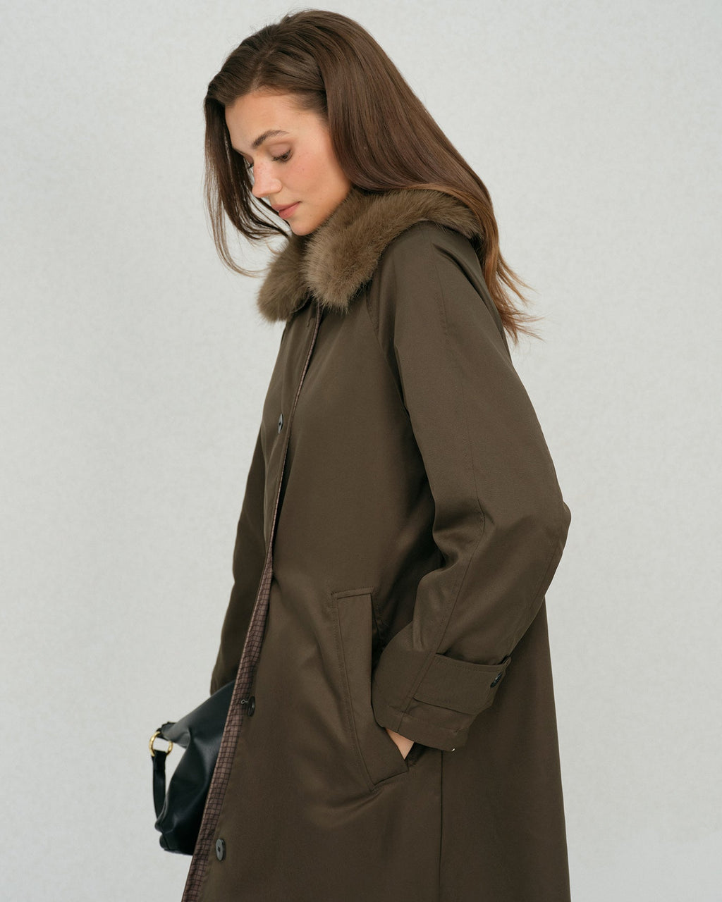 Brown Fur Collar Reverible Long Coat