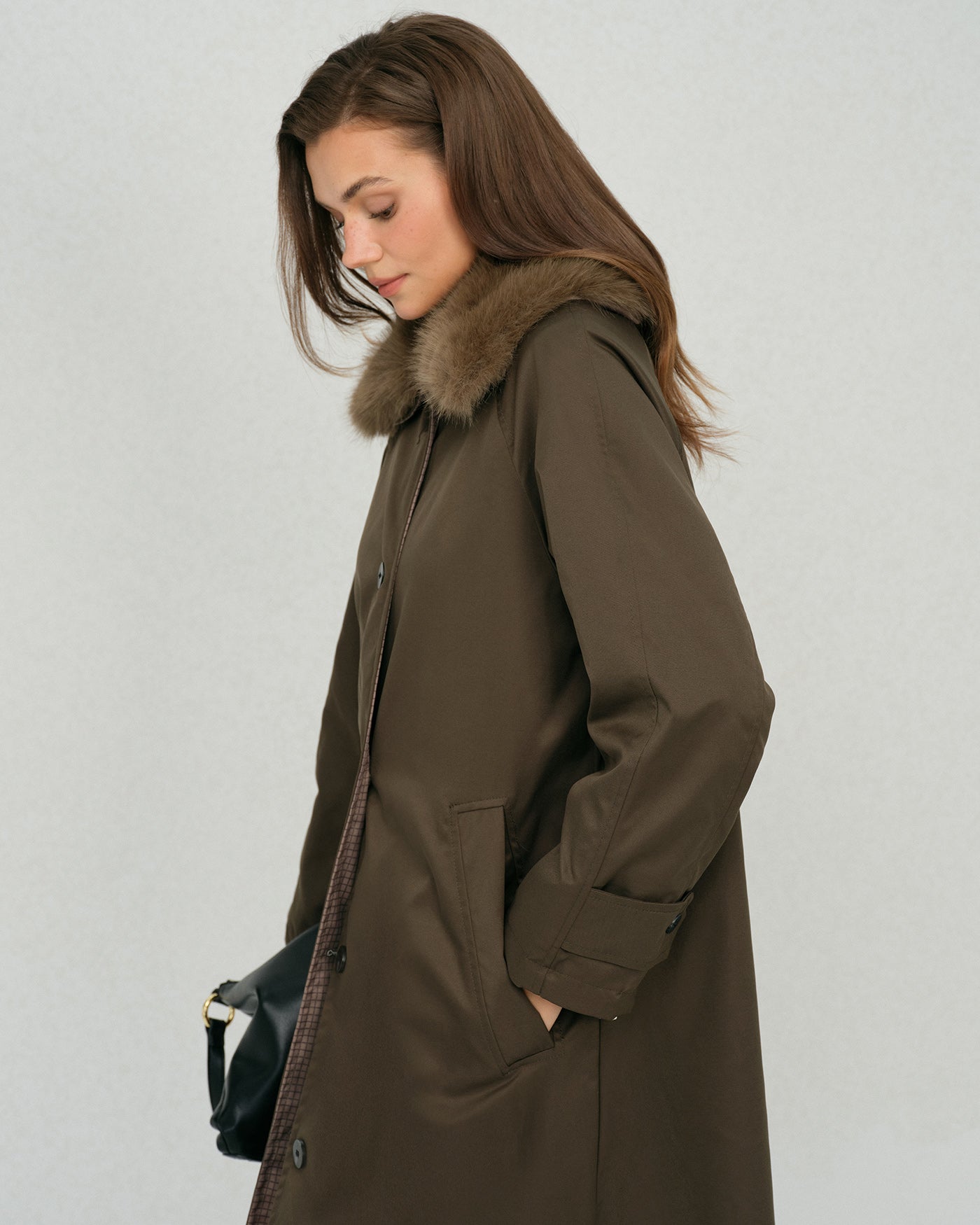 Brown Fur Collar Reverible Long Coat